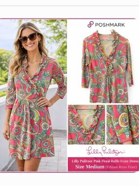 Lilly Pulitzer Pink Floral Ruffle Front Dress Size Medium Vibrant Retro Print